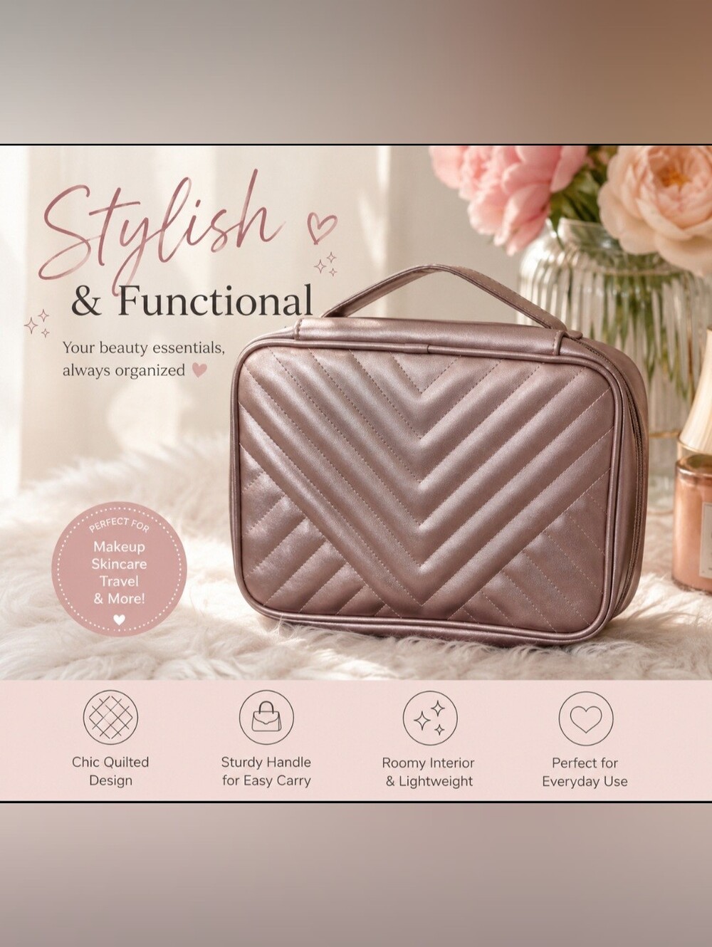Ulta Beauty Metallic Rose Gold Quilted Cosmetic Case